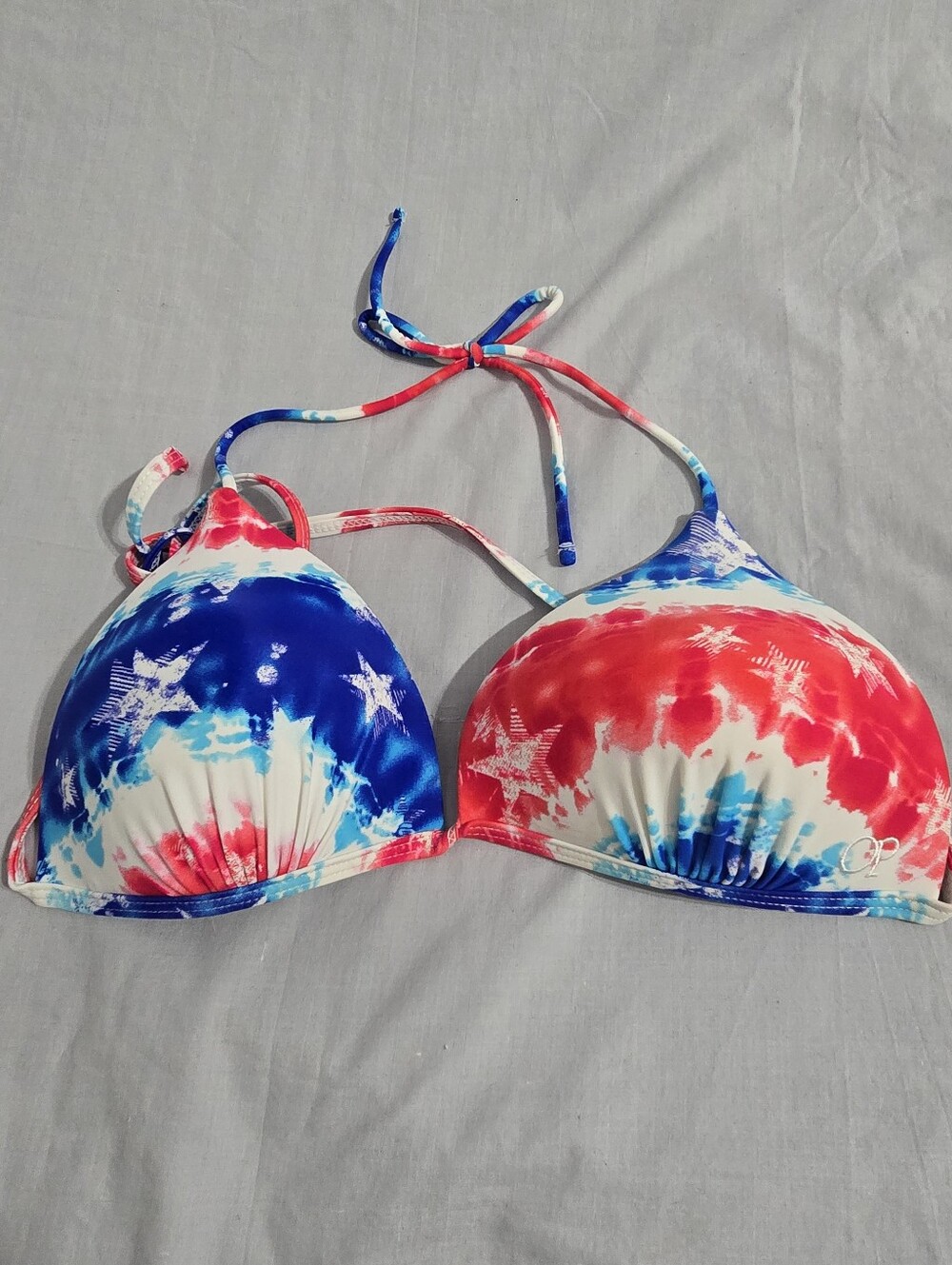 VTG OP Ocean Pacific Bikini Top Large L Red White Blue Tie Dye Stars Patriotic U